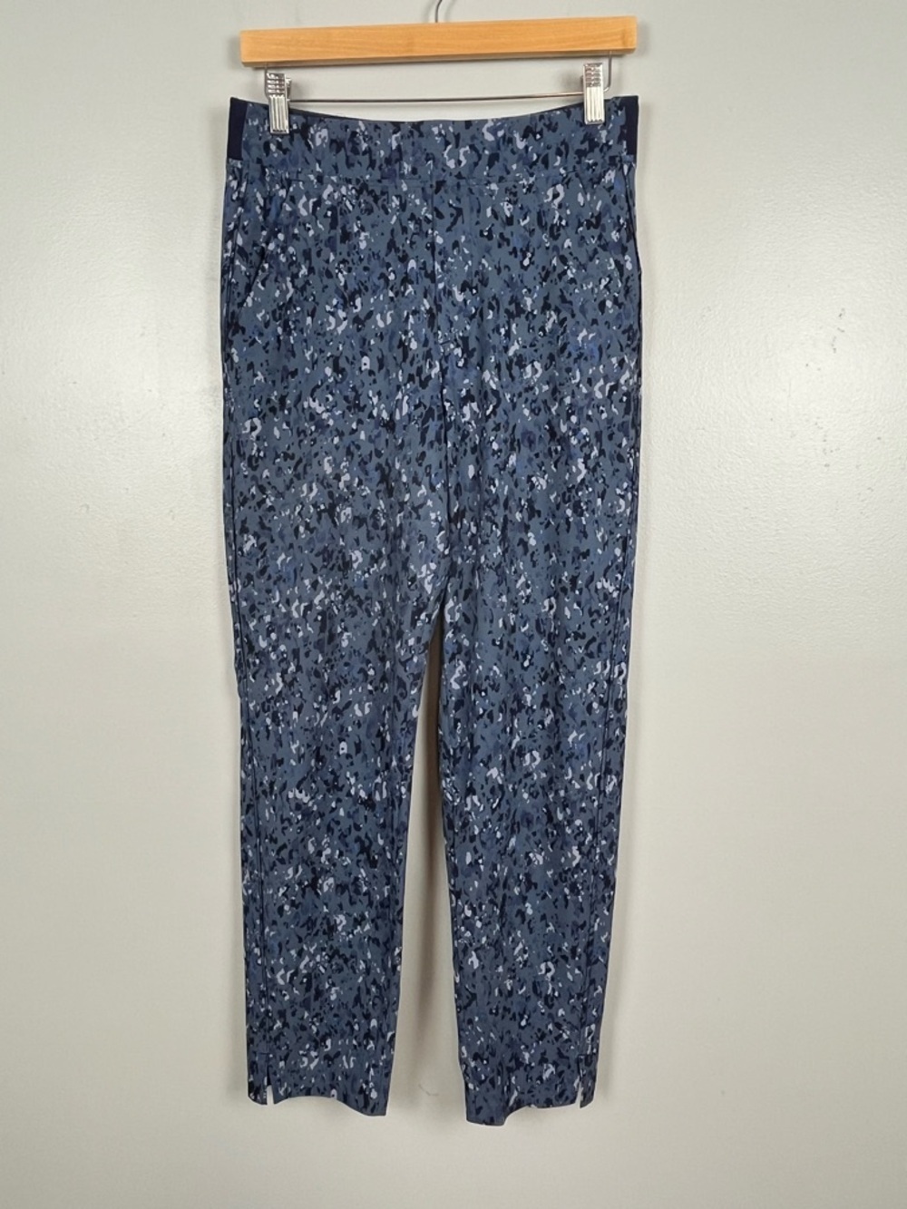 Athleta Brooklyn Ankle Pants, blue speckled print, poly spandex blend, 4.